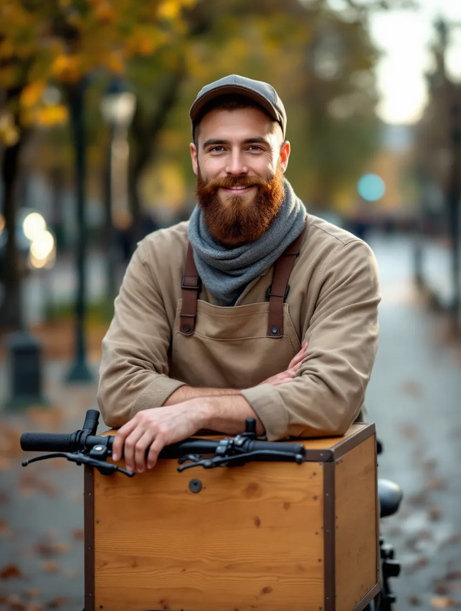 Uśmiechnięty brodaty barista opiera się o skrzynię roweru cargo w parku