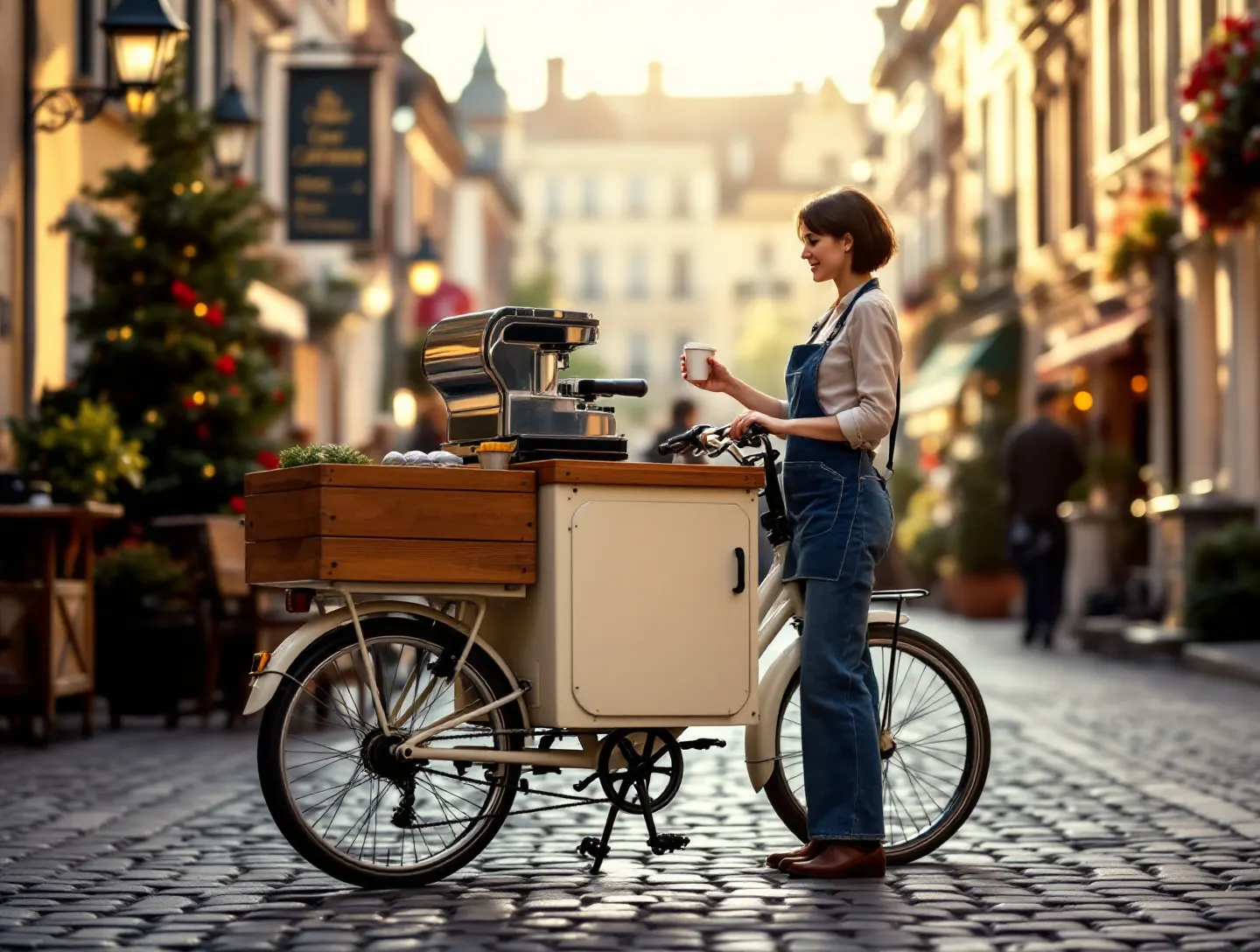 Kremowy rower cargo z ekspresem do kawy na brukowanym placu, baristka podaje kubek