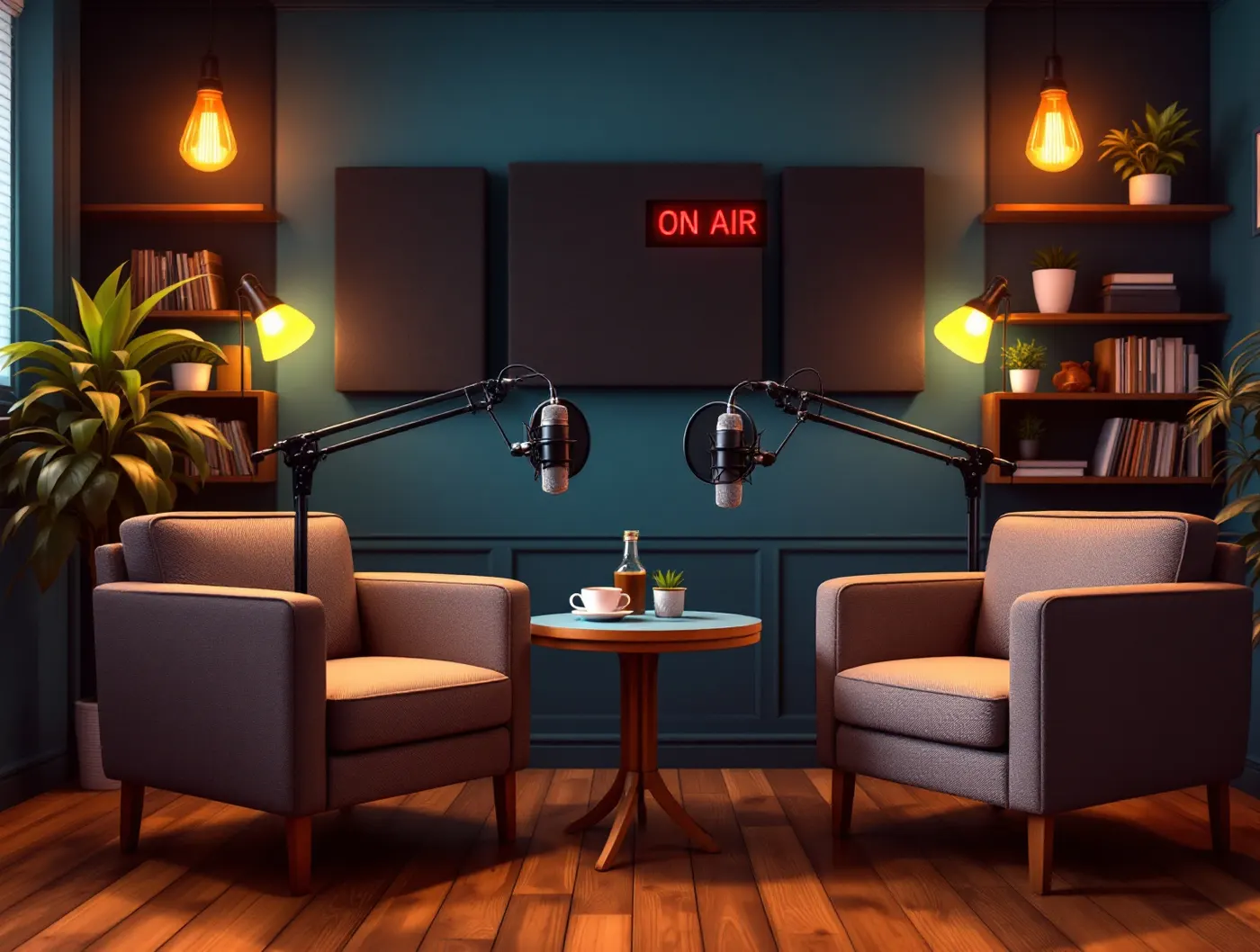 Studio podcastu Szum: dwa fotele, mikrofony i ciepłe lampy