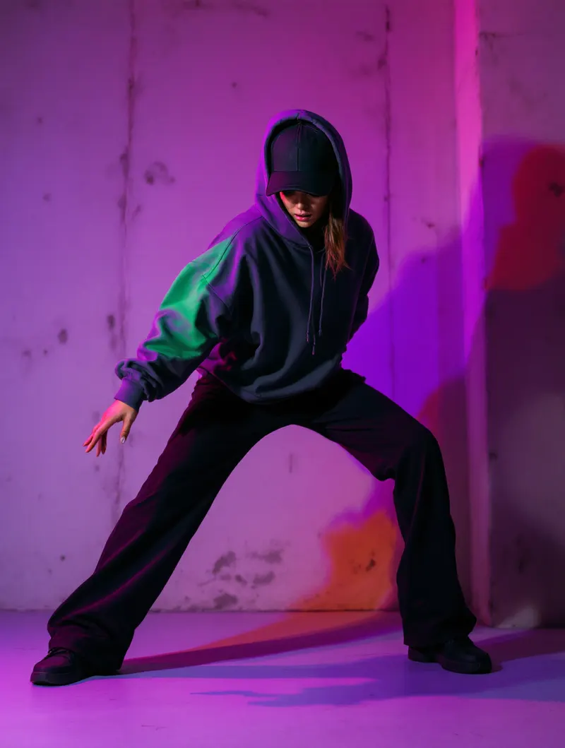 Instruktorka hip-hopu w bluzie z kapturem w szerokim wykroku, fioletowe światło studia