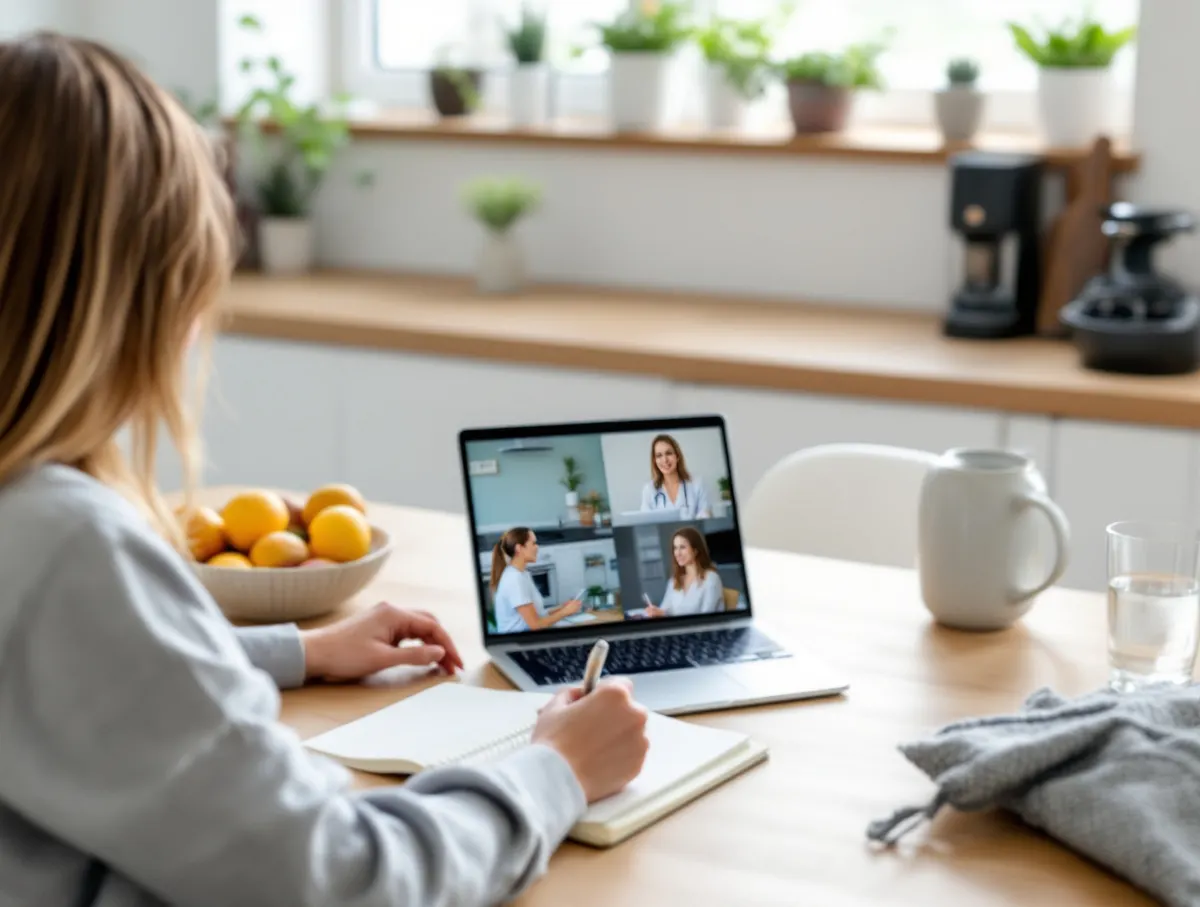 Kobieta podczas konsultacji online przy kuchennym stole