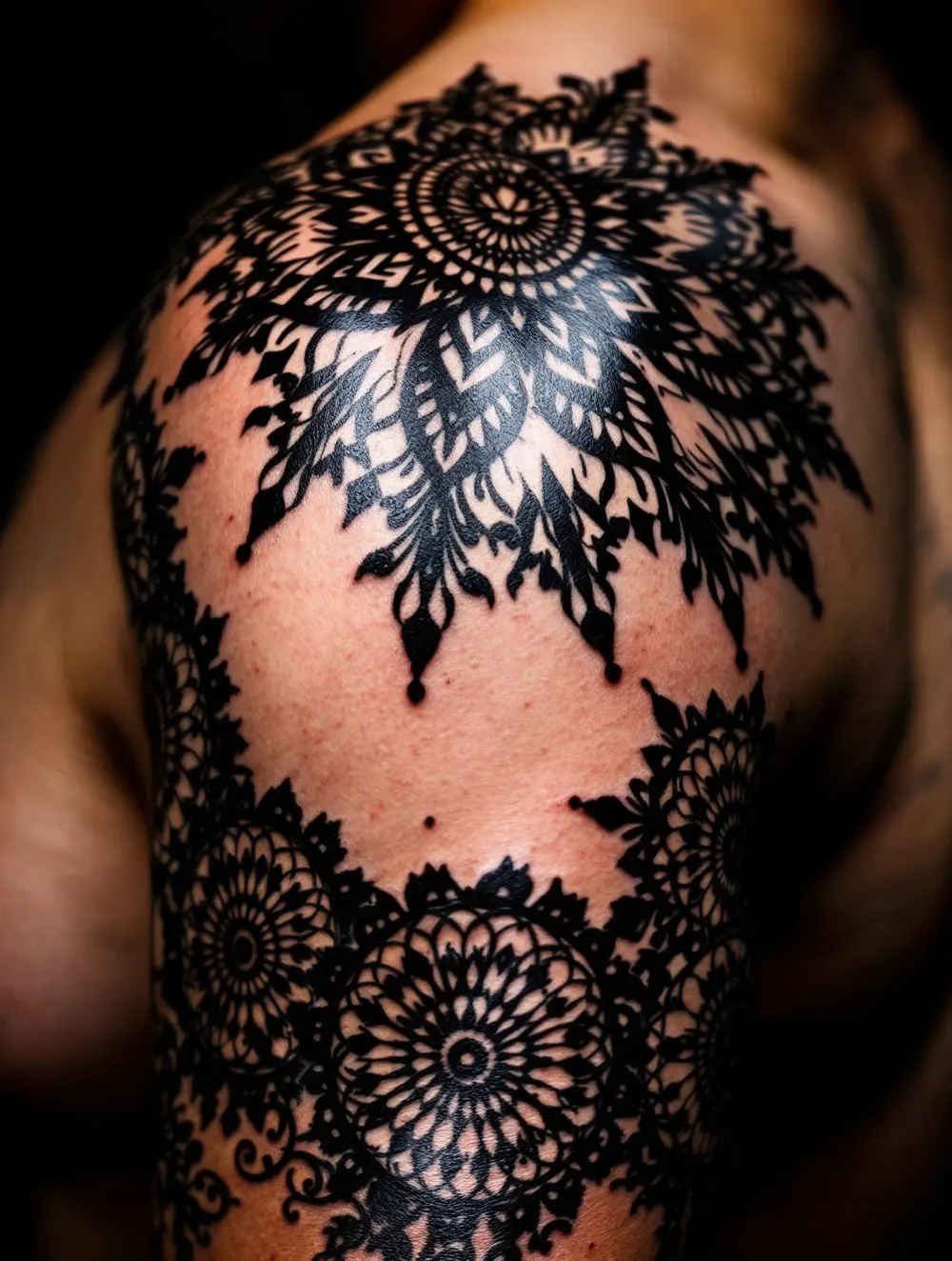 Ornamentalny blackwork na barku, praca Bartka Wrony