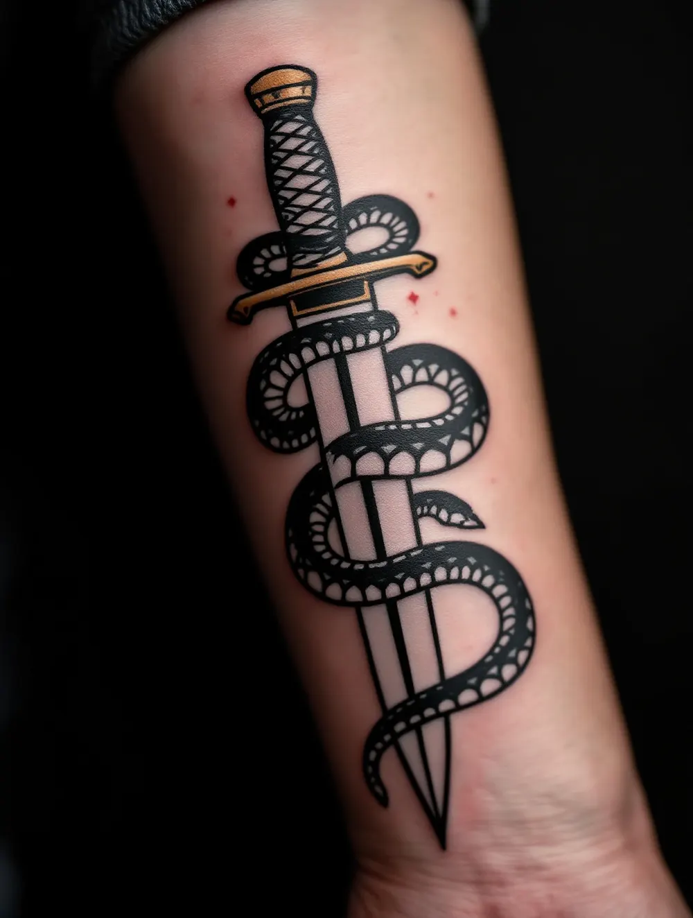 Blackwork: wąż owinięty wokół sztyletu na przedramieniu