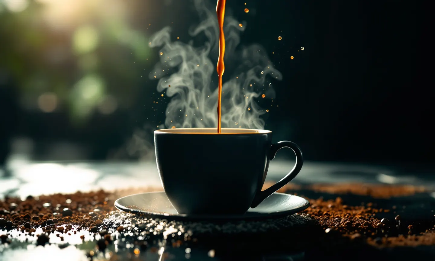 Espresso wlewane do czarnej filiżanki w zwolnionym tempie