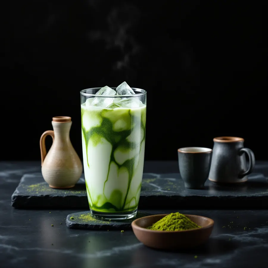 Mrożona matcha latte i ceramiczna karafka sake