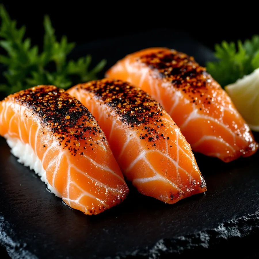 Trzy nigiri z opalanym łososiem na łupku