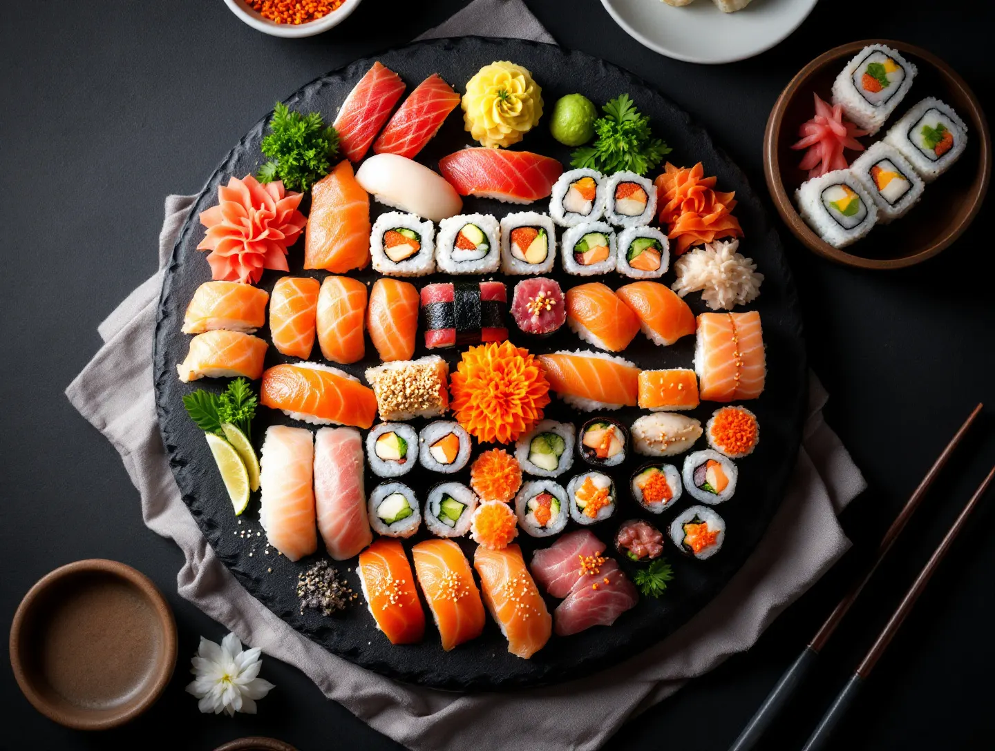 Zestaw omakase z nigiri i uramaki na okrągłym kamiennym talerzu, widok z góry