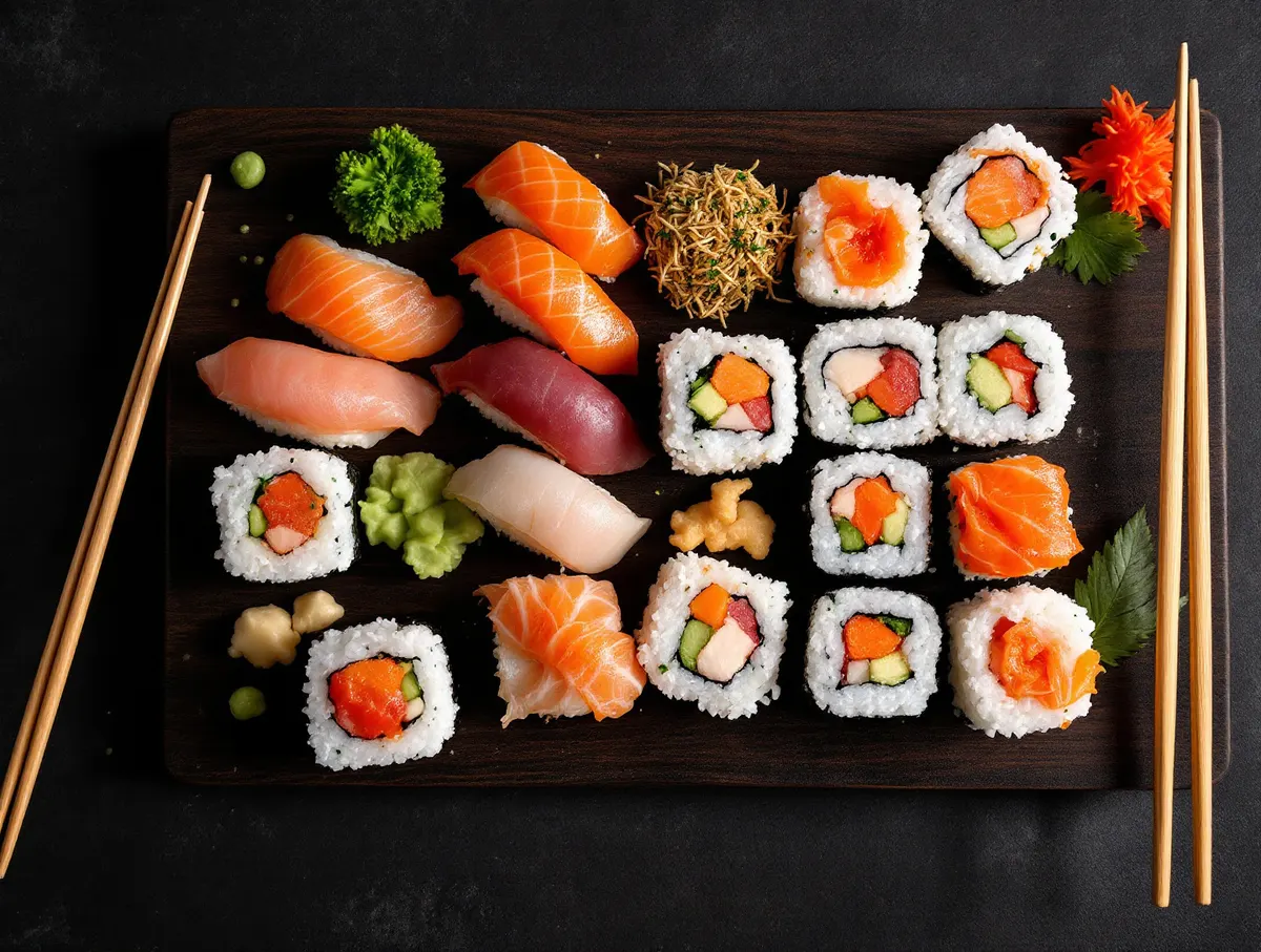 Zestaw sushi dla dwóch osób na drewnianej desce
