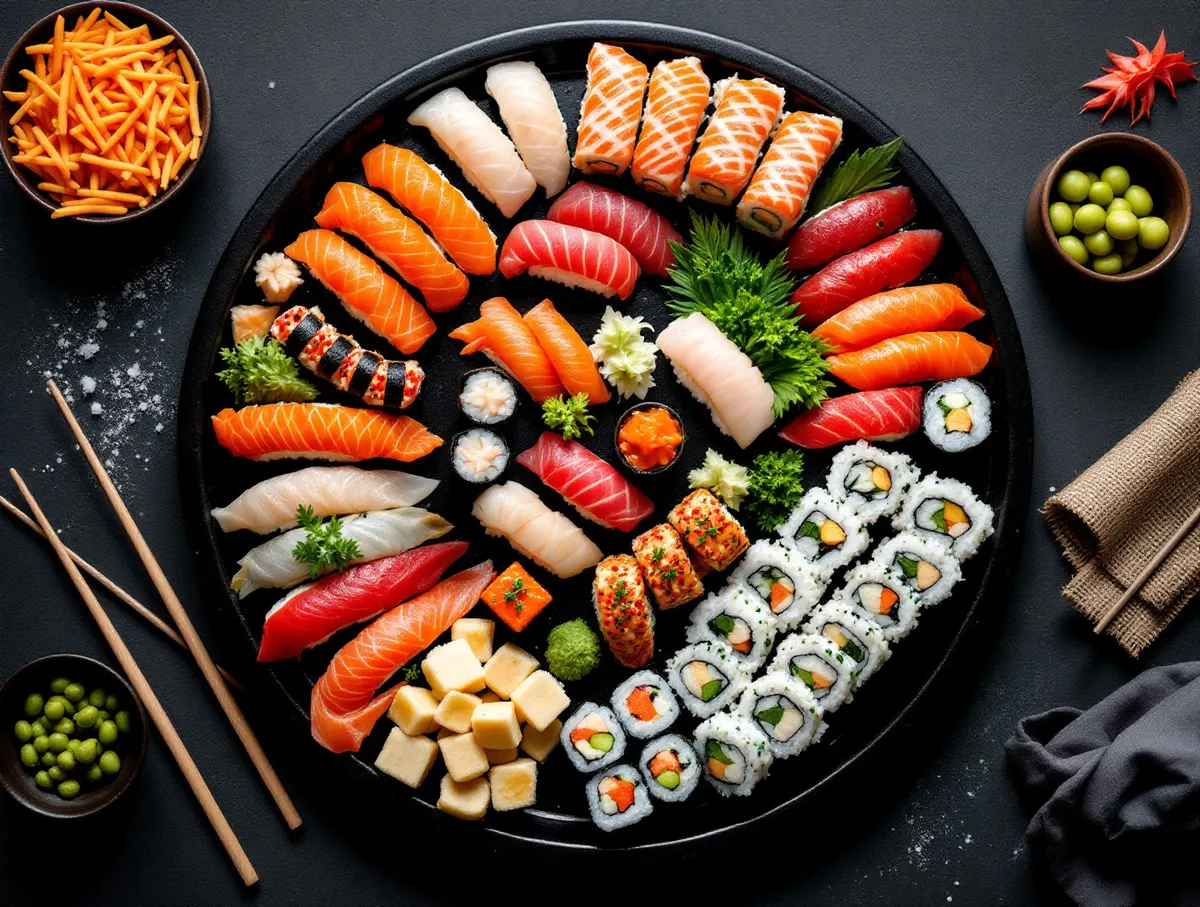 Duży półmisek sushi dla czterech osób z gyoza i edamame