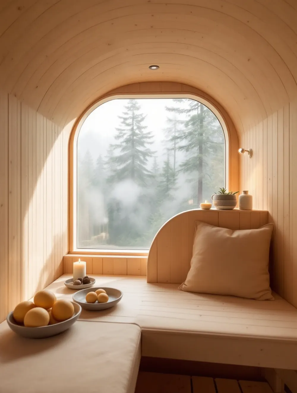 Drewniana sauna z oknem na mglisty las