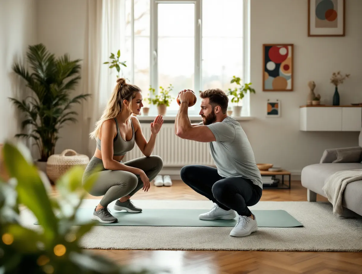 Trening w jasnym salonie: przysiad z kettlem na macie, trenerka obserwuje technikę