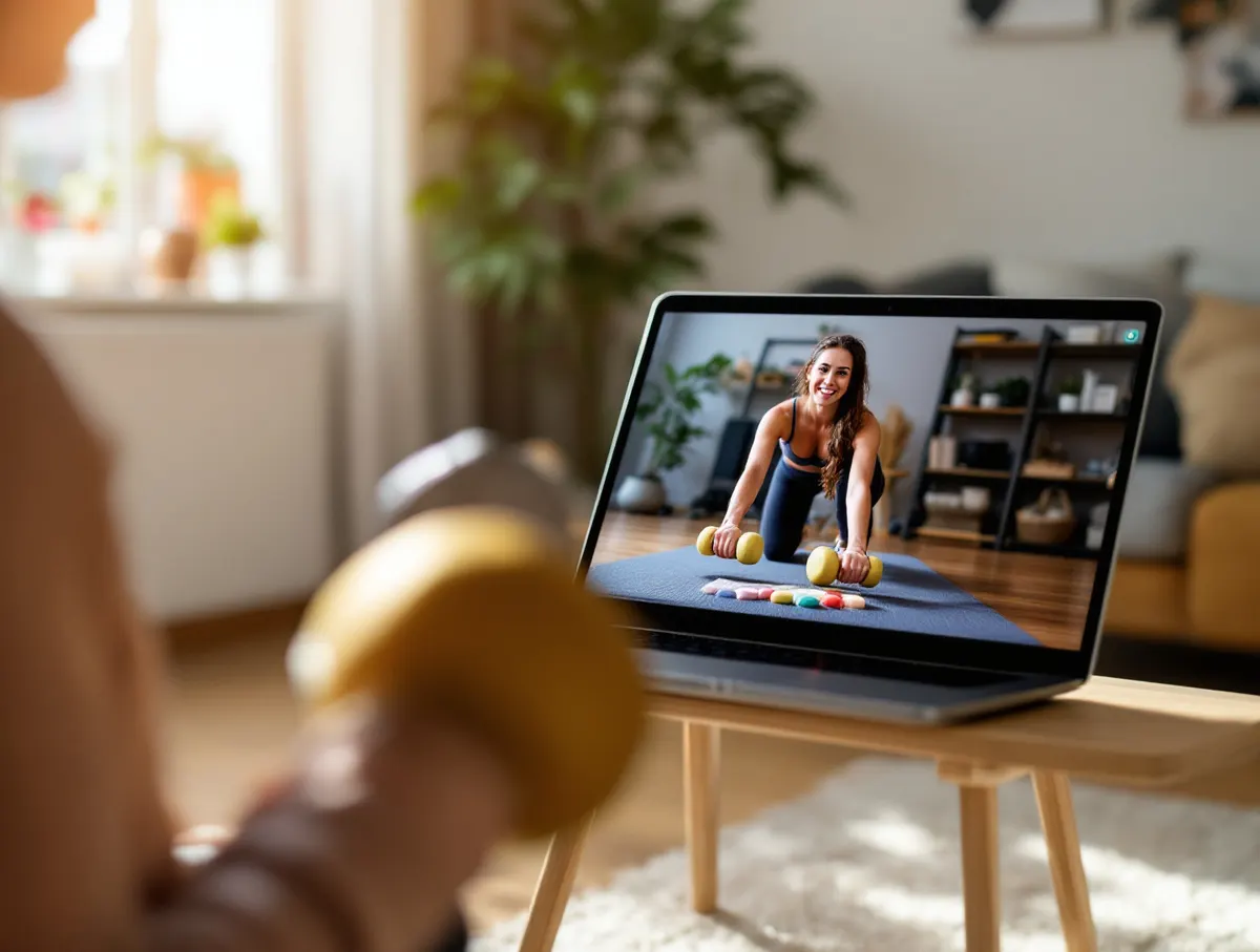 Trening online: laptop z rozmową wideo, w tle ćwiczenie z hantlami na macie