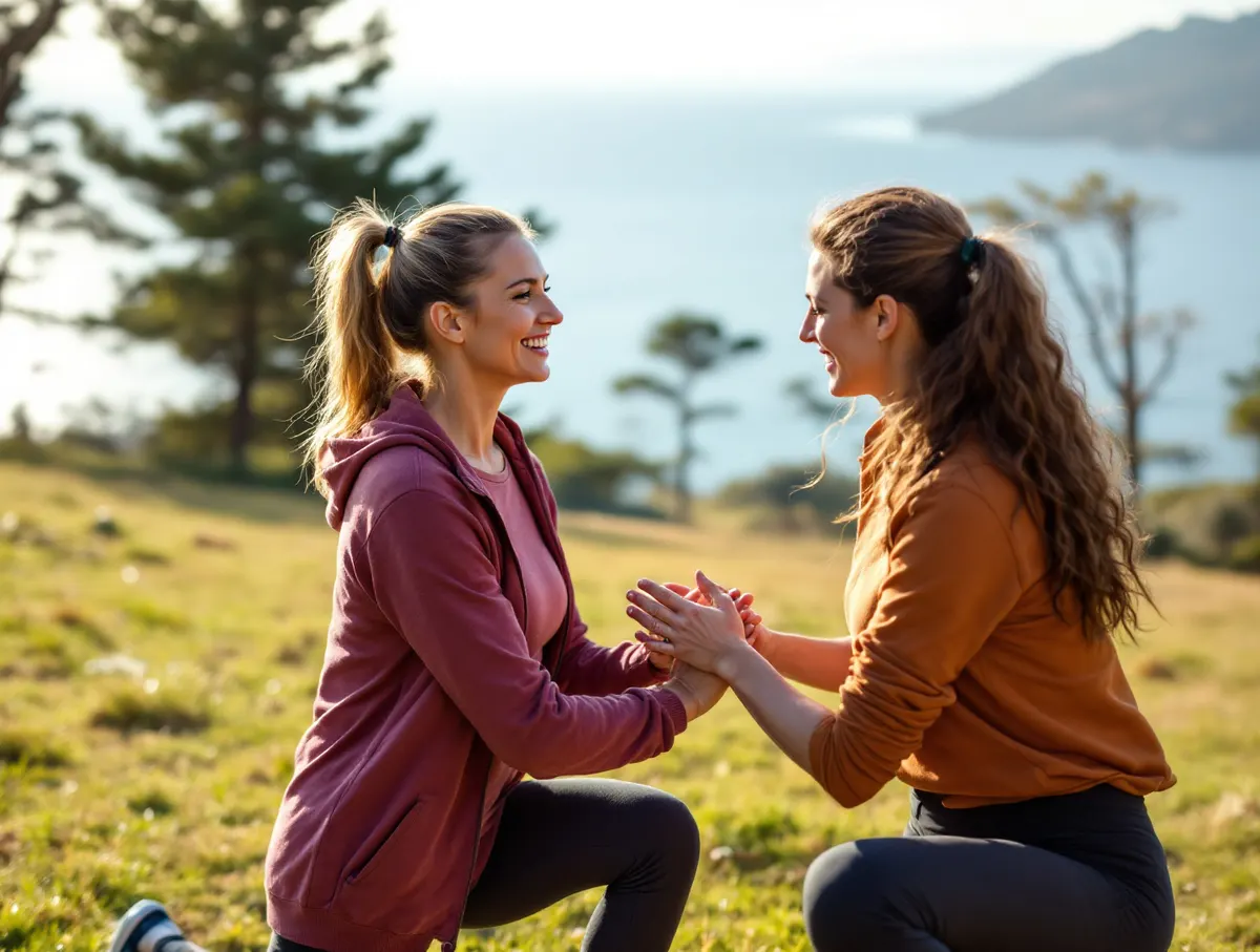 Trening w parku na wzgórzu nad morzem, trenerka koryguje wykrok klientki