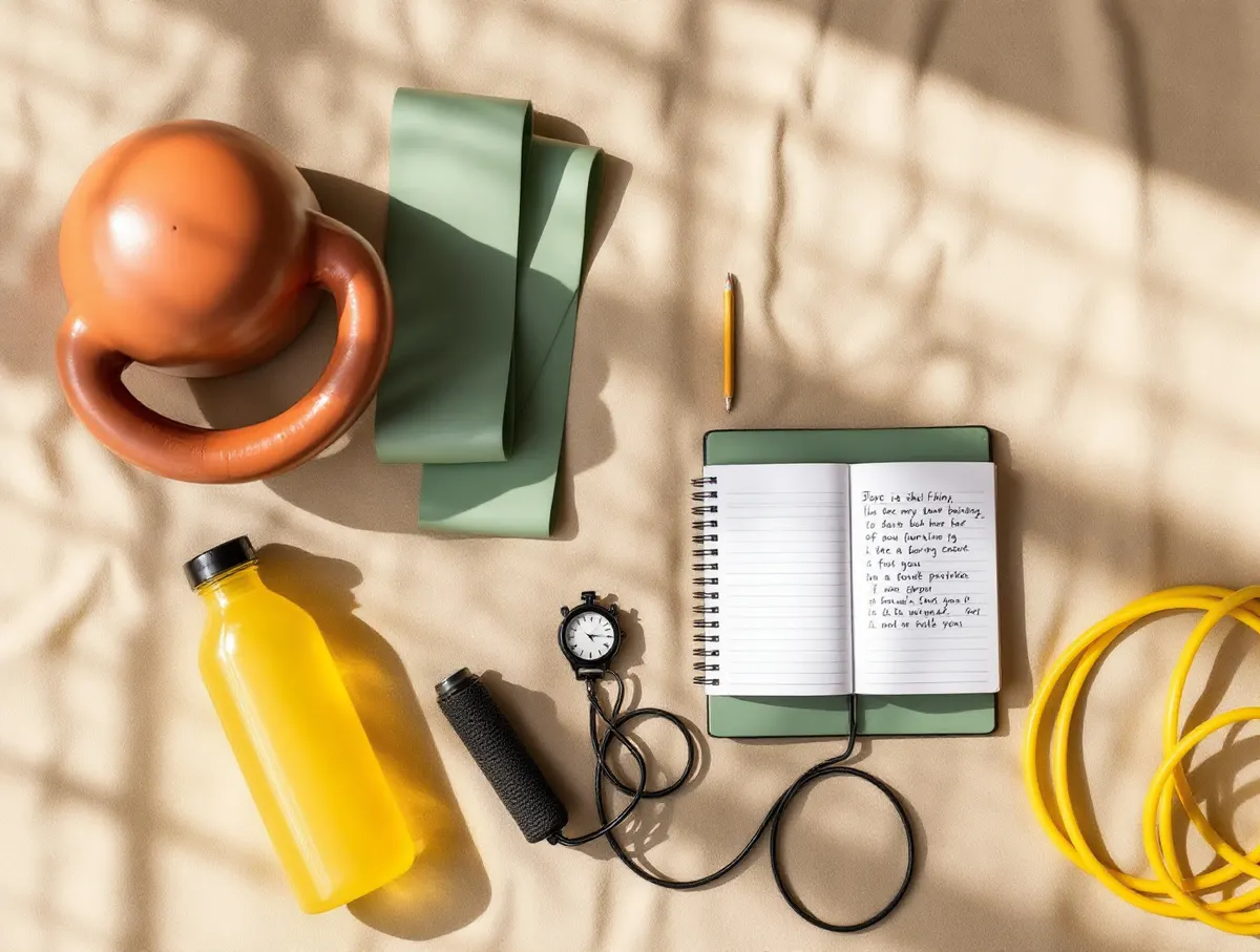 Sprzęt treningowy na lnianym materiale: kettlebell, gumy oporowe, skakanka, stoper i notes z planem