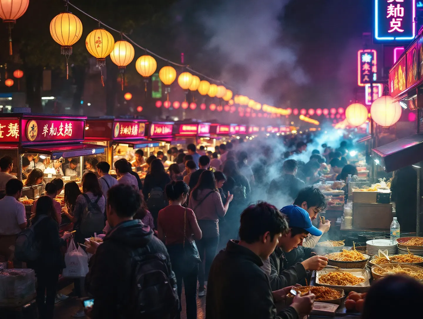 Tłum na nocnym festiwalu street food, rzędy food trucków, lampiony i neony