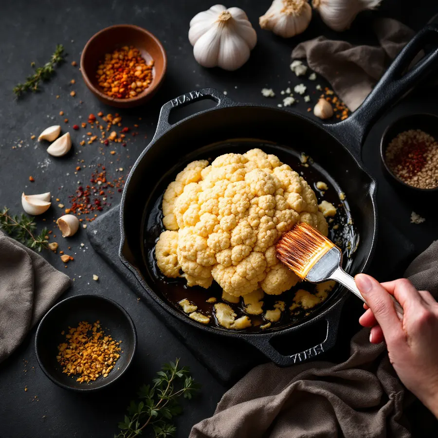 Kalafior smarowany masłem miso w żeliwnej patelni