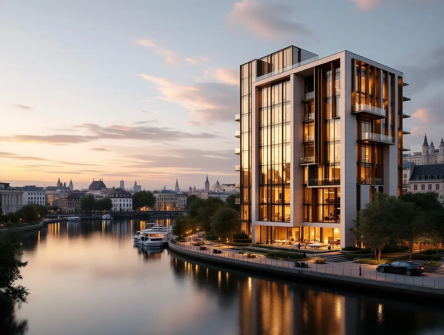 Budynek Zenith Residences nad Wisłą o zmierzchu, elewacja z jasnego kamienia i mosiężnych lameli