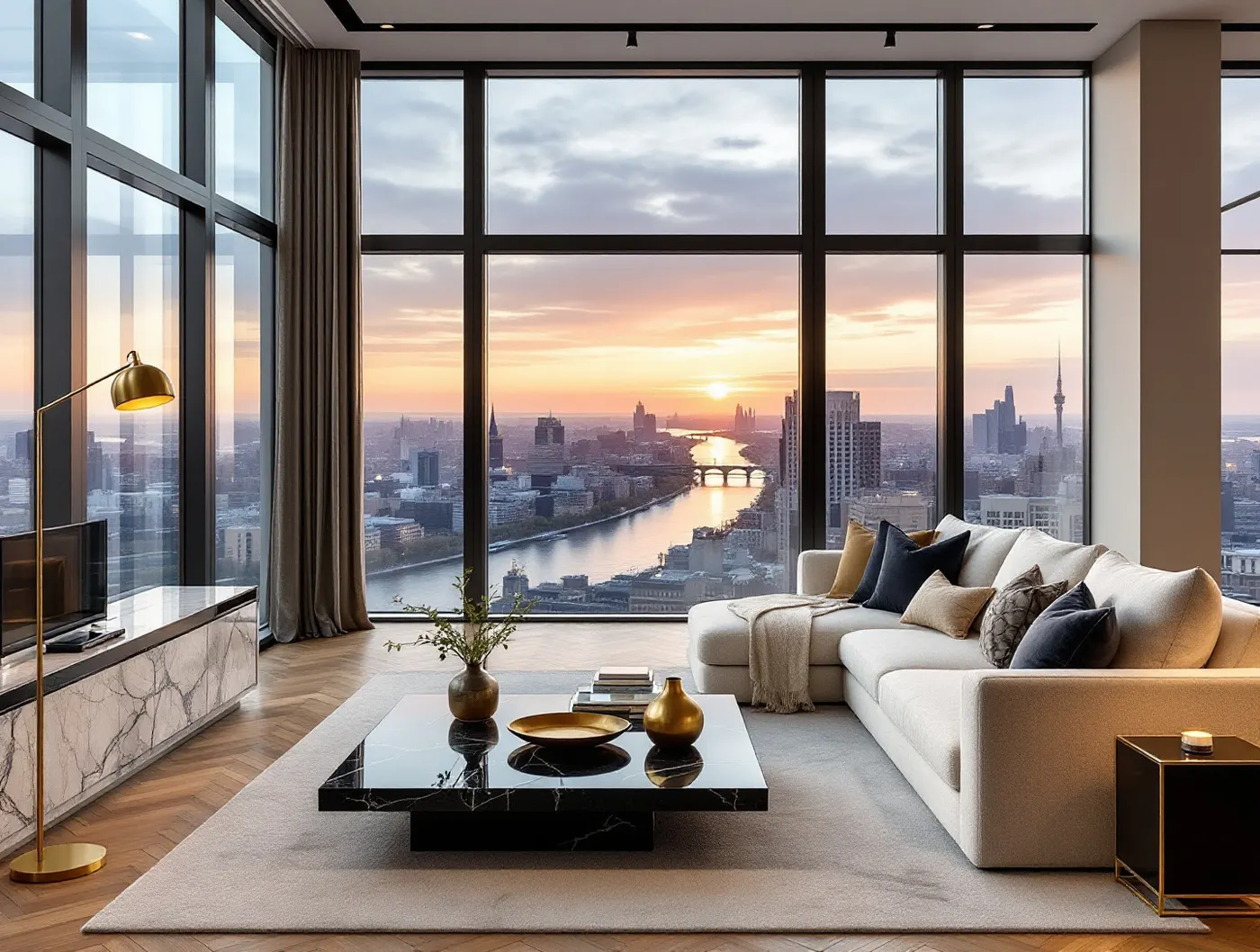 Salon penthouse z panoramicznymi oknami i widokiem na rzekę o zachodzie słońca