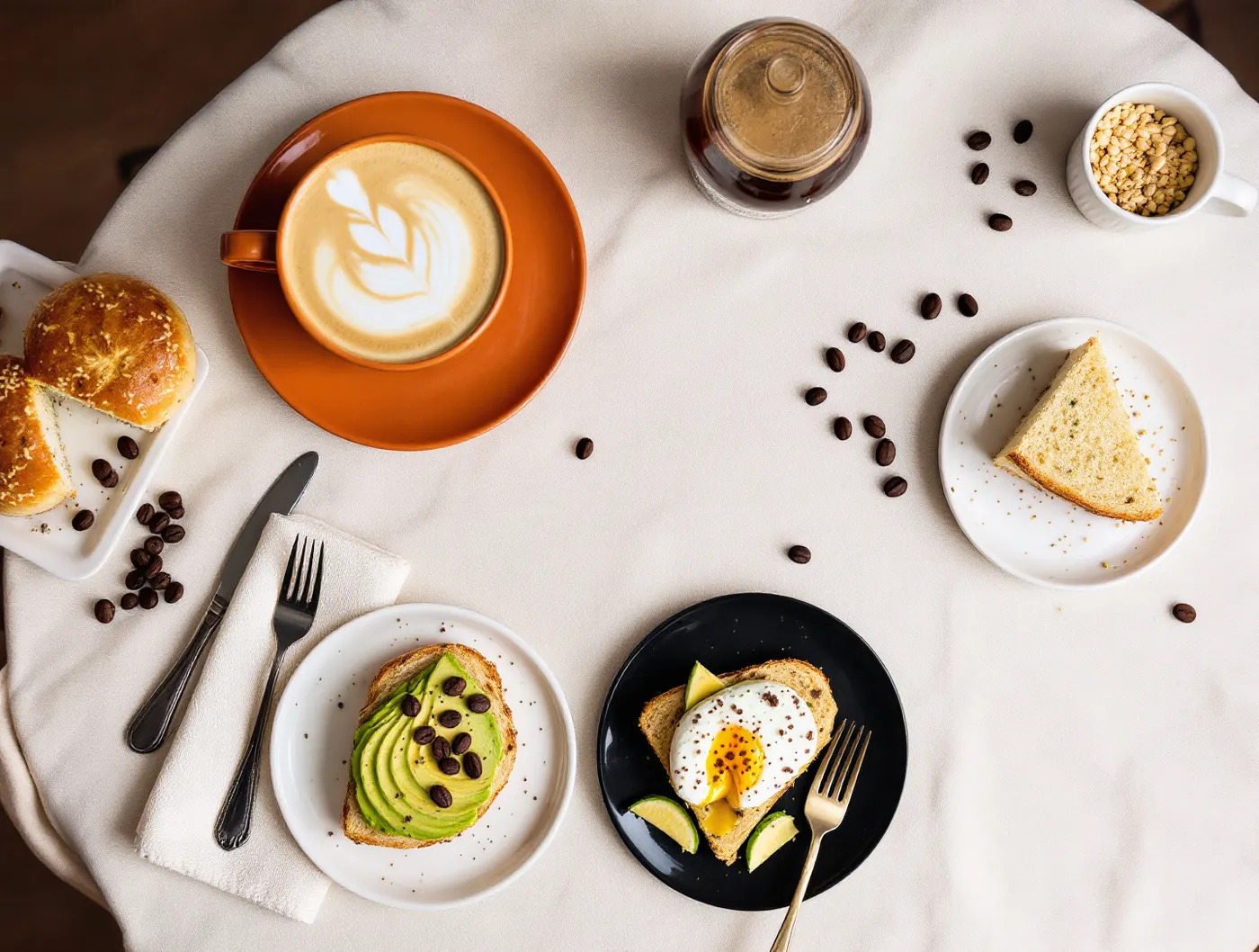 Flat white z latte art, tost z awokado, jajko w koszulce i bułka na lnianym obrusie