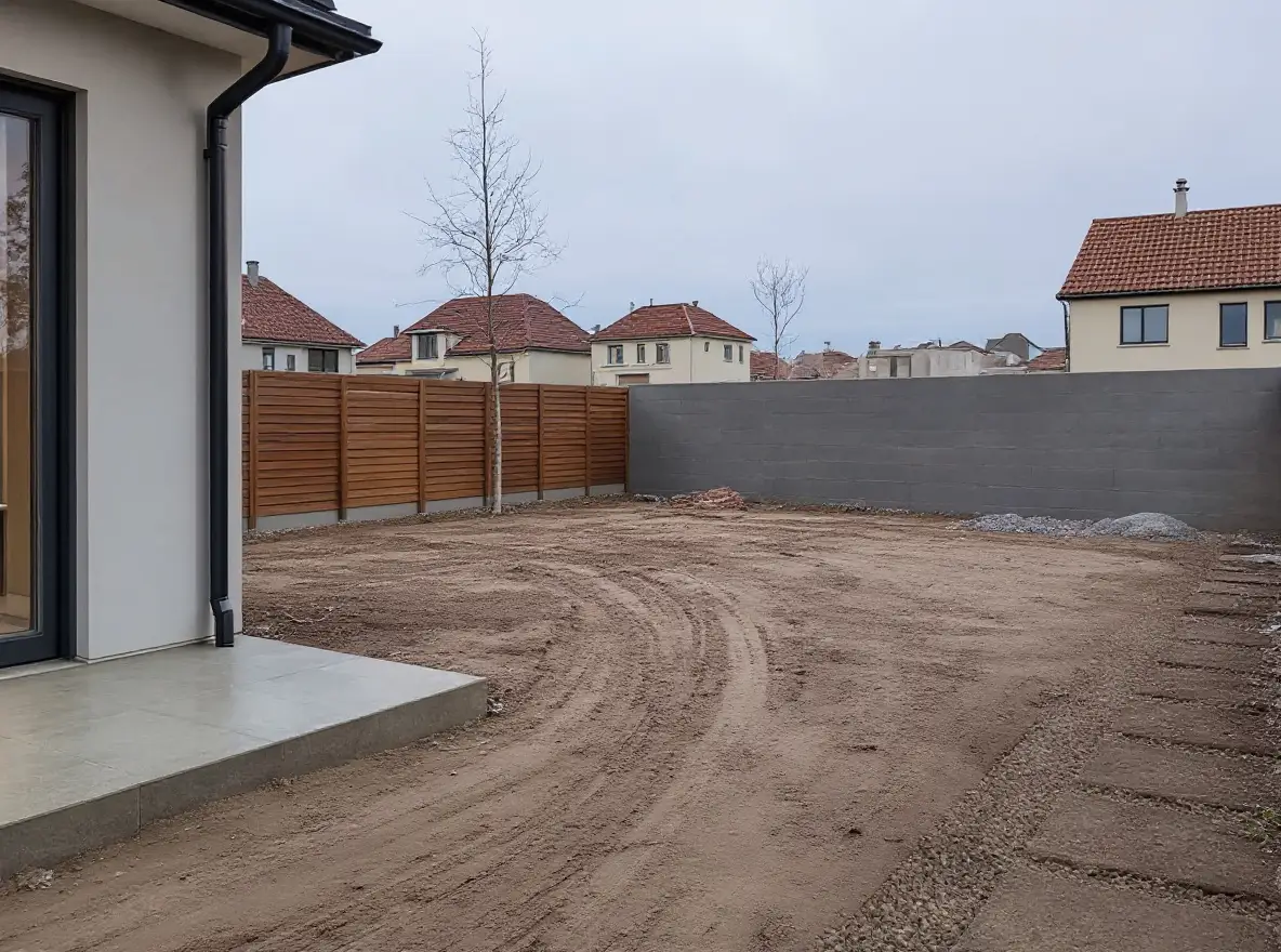 Przed realizacją: błotnisty plac budowy za domem, bez roślin